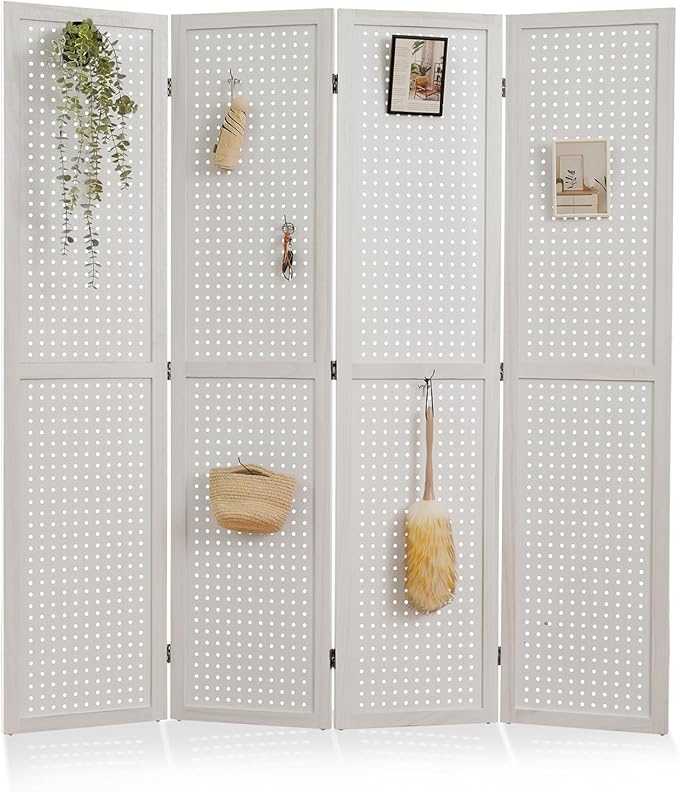 Room Divider Freestanding Folding Pegboard Privacy Screen 4-Panel Display Stand
