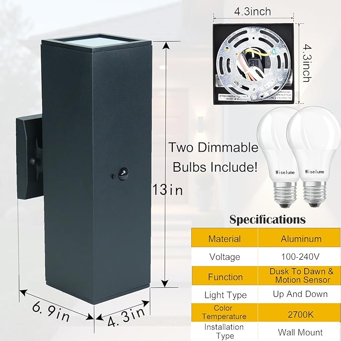 WISELUME Motion Sensor Outdoor Wall Lights, Dusk to Dawn Porch & Patio Sconce