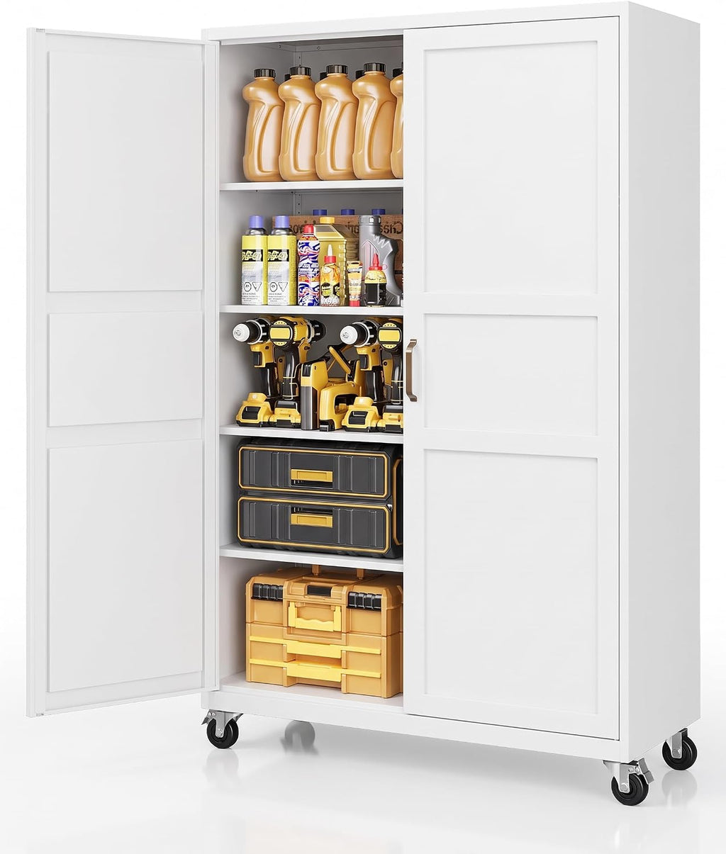 Metal Garage Storage Cabinet with Wheels, Wide & Deep Storage Cabinet with Door and Adjustable Shelves, 71" Rolling Tool Cabinet for Garage, Basement, Home Office