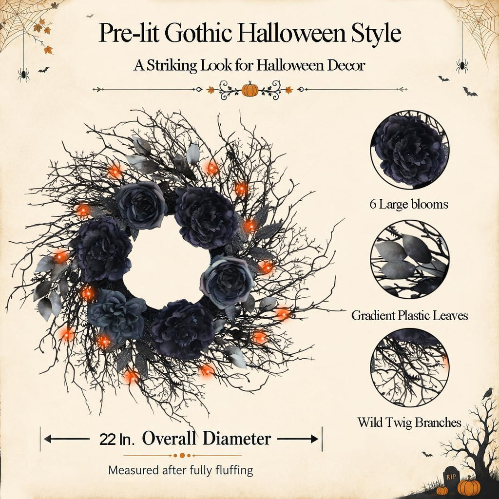 22 Inch Pre-Lit Black Twig Halloween Wreath for Front Door