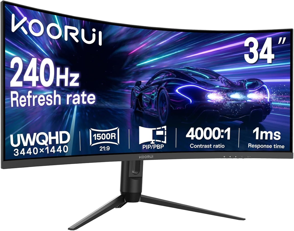 KOORUI 34 Inch 240Hz Ultrawide Curved Gaming Monitor, WQHD 3440×1440, 1500R, HDR400, PIP/PBP, 90% DIC-P3, Adaptive Sync, HDMI 2.1/DP 1.4, Tilt/Swivel/Height Adjustable, VESA for PC Gaming, Work & Play
