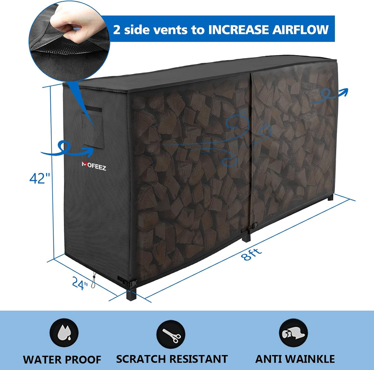 mofeez 8ft firewood log rack cover outdoor, waterproof shown in use