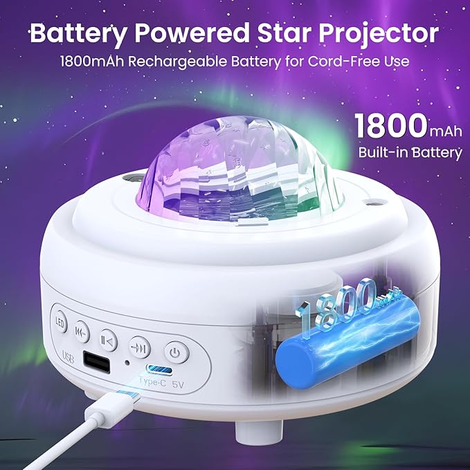HUMIIEYE Star Projector with Bluetooth Speaker, 1800mAh Battery Operated Night