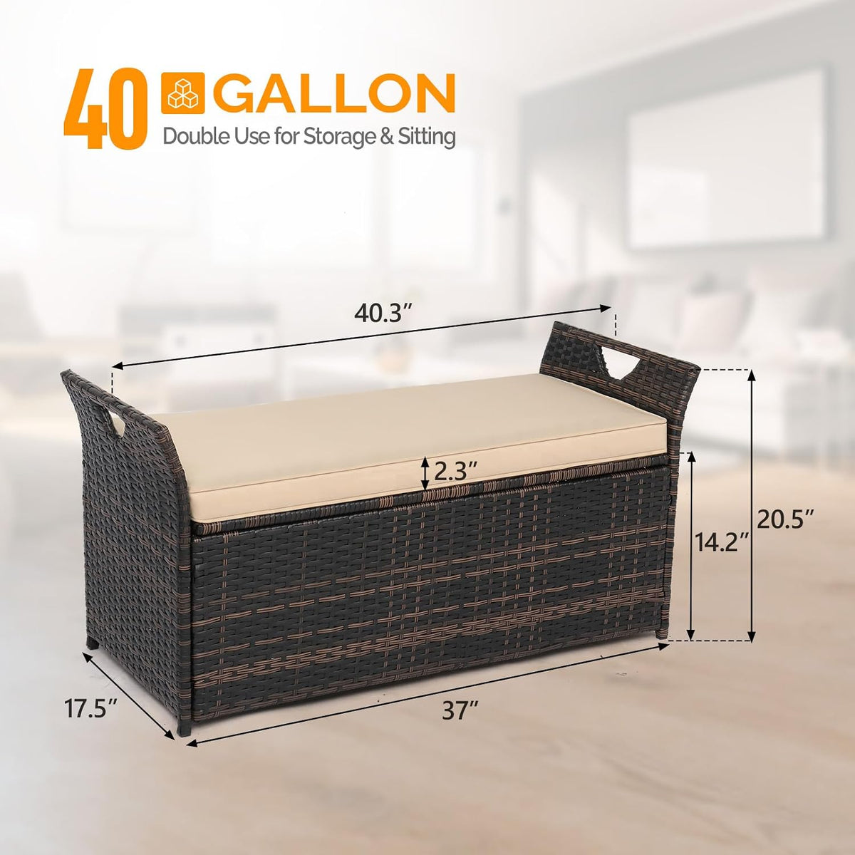 vingli 40 gallon wicker storage bench, patio cushion, close-up detail