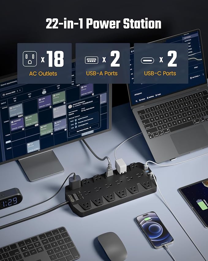 Power Strips with Surge Protection 10 FT, SUPERDANNY 18 AC Outlets and 4 USB