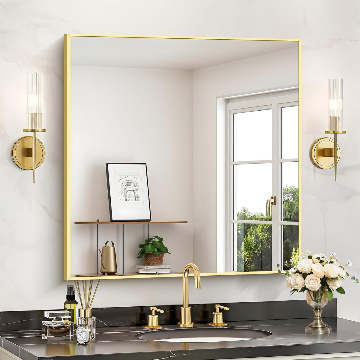 Gold Bathroom Mirror for Wall, 30x30 Inch Rectangle Mirrors