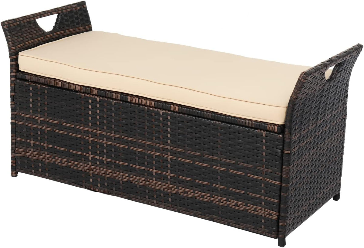 VINGLI 40 Gallon Wicker Storage Bench, Patio Cushion Storage Box Designed with Side Handles, Rattan Deck Box for Garden Tools, Cushions, Outdoor Patio Deck Box for Garden, Poolside, Brown