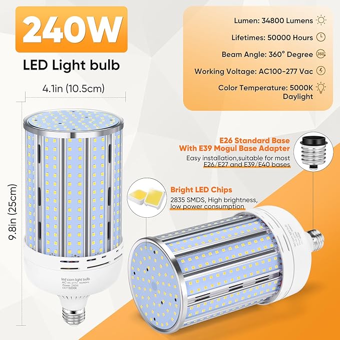 XYCN 2 Pack 240W Corn LED Light Bulb Fanless, 5000K Daylight E26/E39 Large