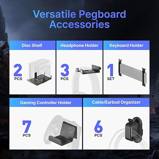 PEGZONE Controller and Headphone Holder Wall Mount, Modular Gaming Pegboard (14pcs)