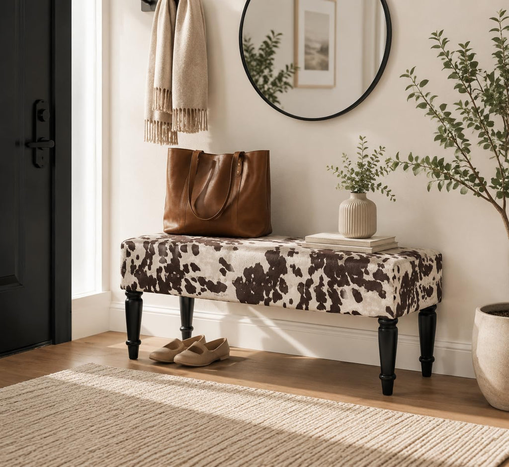 Homebeez 39.4" Cow Print Bench, Upholstered Bedroom Cowhide Bench, Western Bench Footstool with Wood Legs, for Entryway Dining Room Living Room Bedroom End of Bed (Brown Cow)