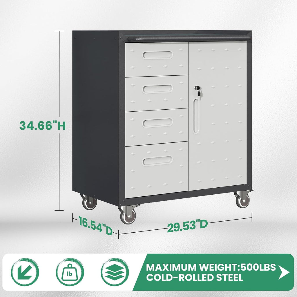 garage cabinets,metal garage storage cabinet with wheels,lockable rolling, close-up detail