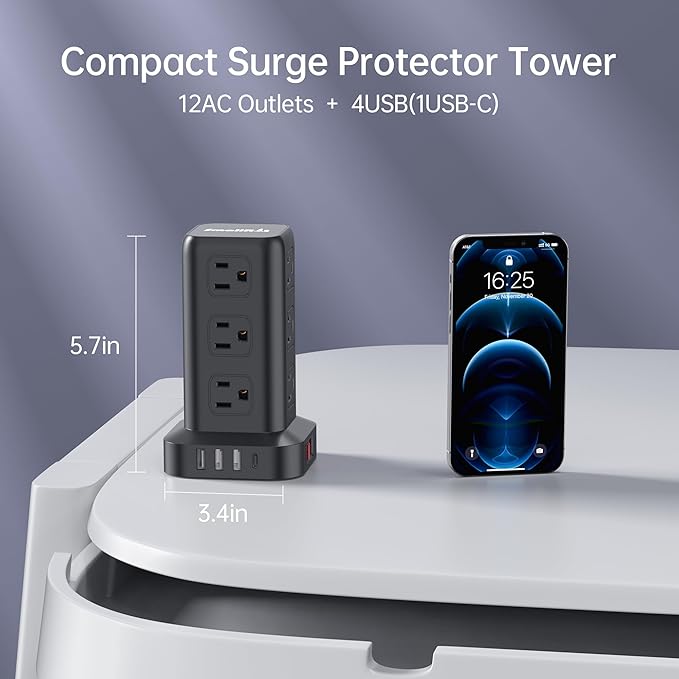 Surge Protector Power Strip Tower, 10FT Extension Cord