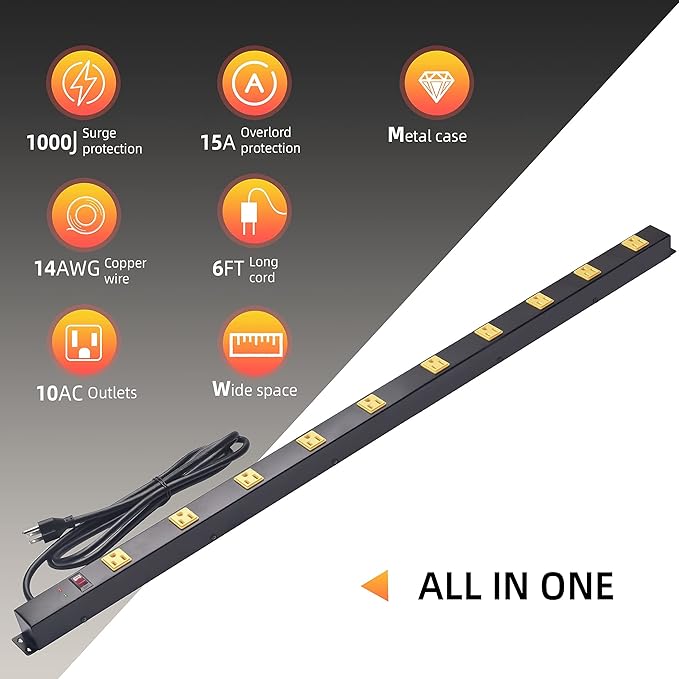 10 Outlet Long Power Strip Surge Protector, Heavy Duty Industrial Metal Power