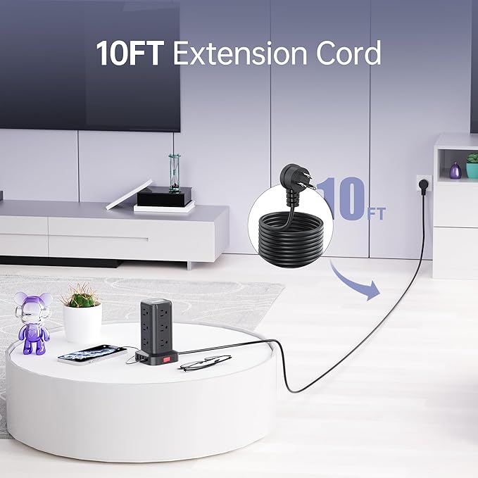 Surge Protector Power Strip Tower, 10FT Extension Cord