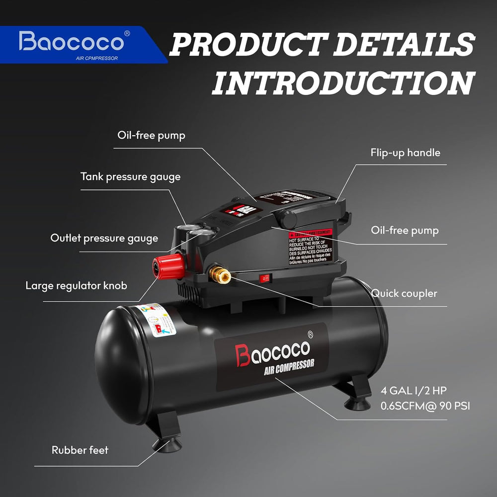 4 Gallon Portable Air compressor, 0.5HP Motor Oil Free Air Compressor Tank