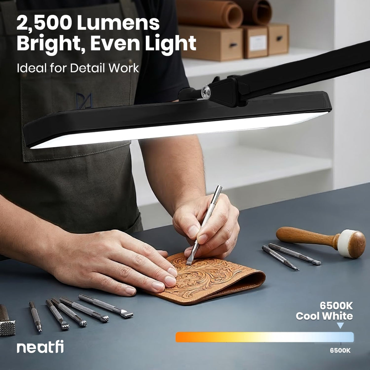 Neatfi 2500LM LED Task Lamp w/Clamp, 22-Inch Wide Head, Non-CCT (Black)