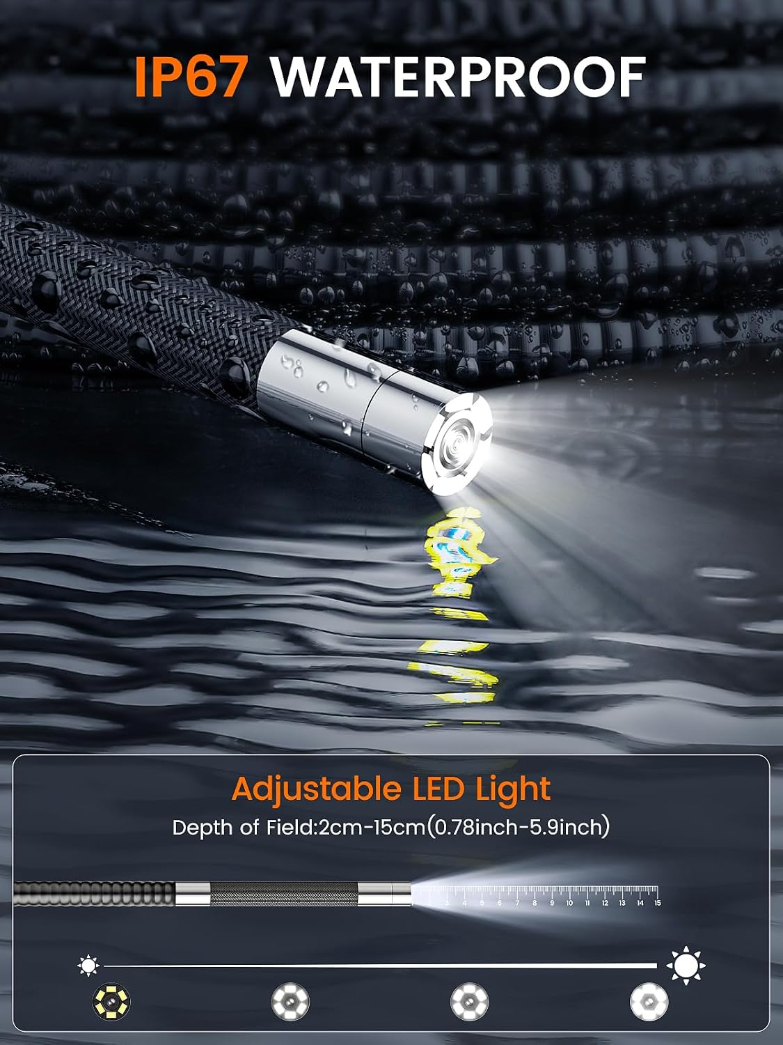 360°articulating borescope camera - 5" hd 1080p inspection showing dimensions