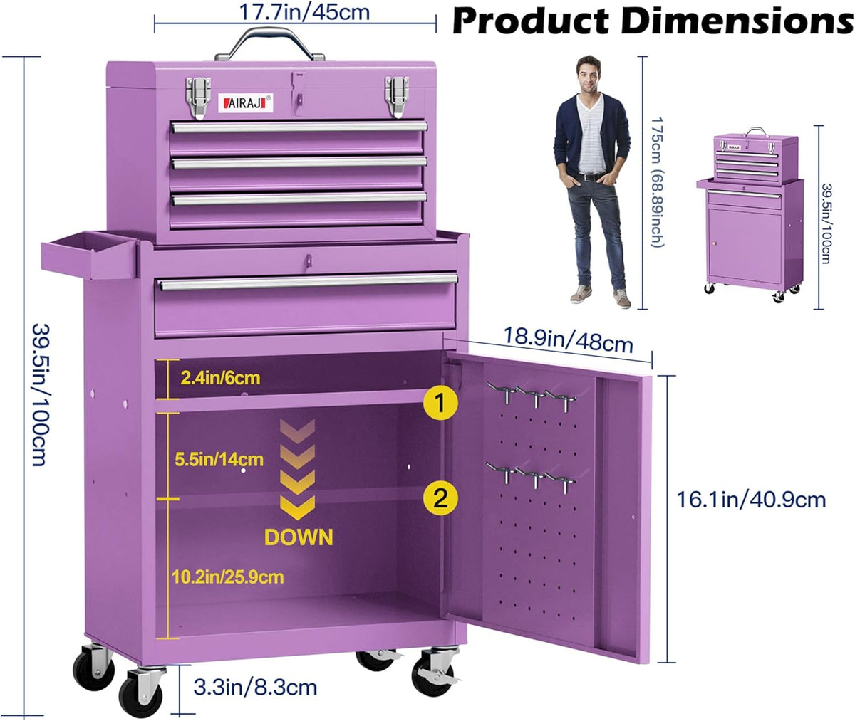 airaj 40" 4-drawer rolling tool chest with 360° shown in use