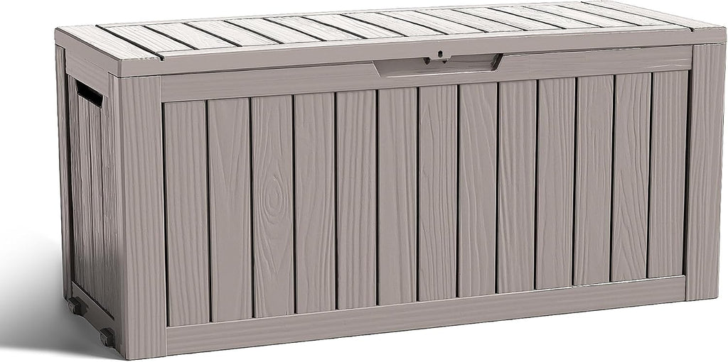 ROJIK Outdoor Storage Housing Deck Box - Waterproof Patio Furniture, Garden Tools, Cushions, Pool Accessories Storage Bench with Lockable Lid and Side Handles (Grey 90 Gal)