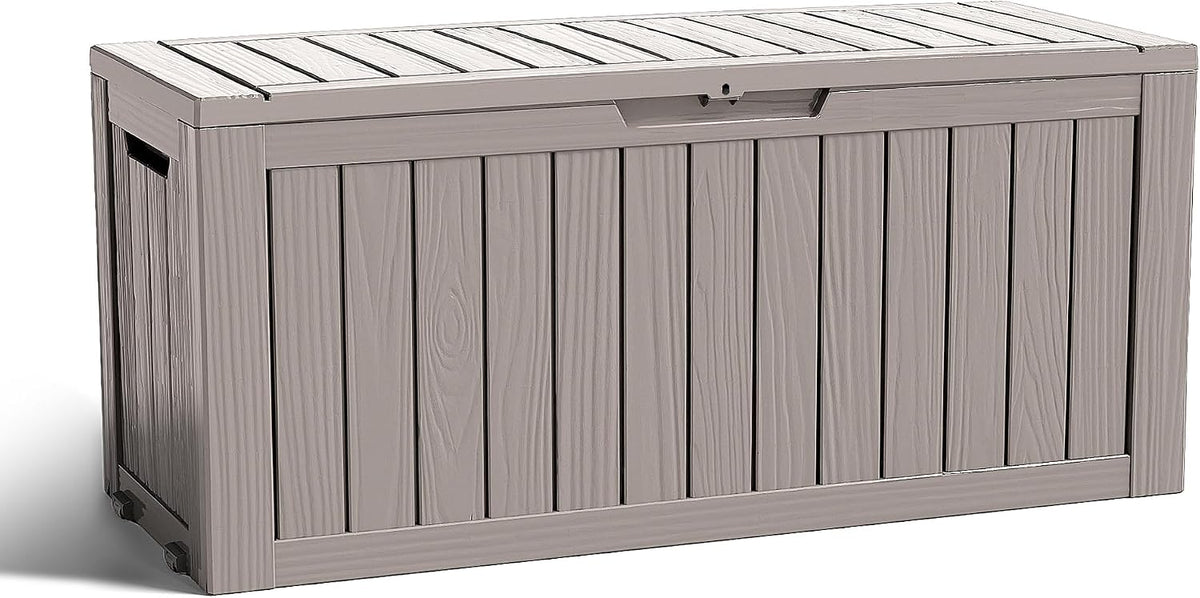 ROJIK Outdoor Storage Housing Deck Box - Waterproof Patio Furniture, Garden Tools, Cushions, Pool Accessories Storage Bench with Lockable Lid and Side Handles (Grey 90 Gal)
