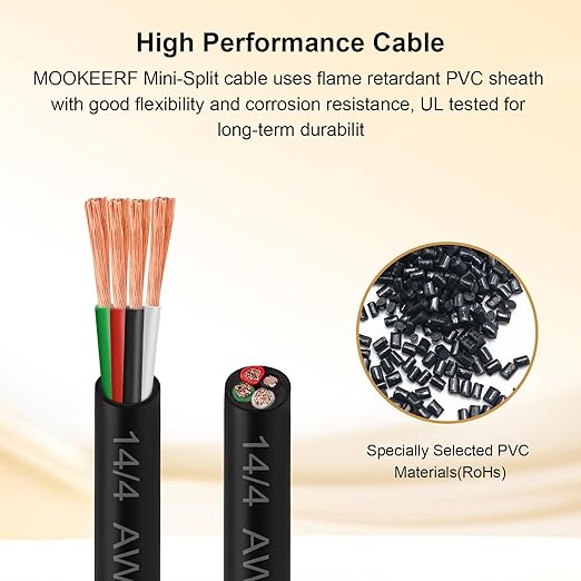 MOOKEERF 14/4 AWG Mini-Split Cable - 250FT 14 AWG 4 Conductor Control Cable