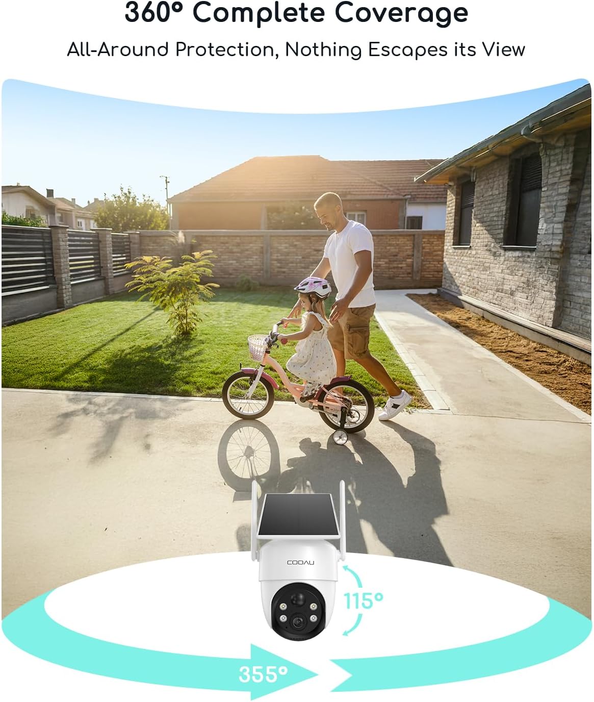 COOAU Solar Security Cameras Wireless Outdoor, 2K 360° Home Surveillance