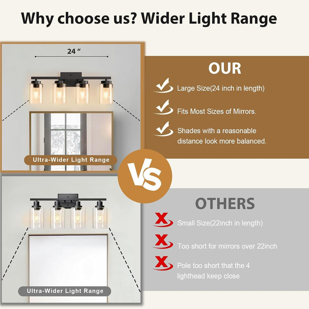 IZORRO Bathroom Light Fixtures, Modern Vanity Lights, Bathroom Lighting Fixtures Over Mirror with Clear Glass Shade, Wall Sconce for Living Room Cabinet Bedroom (Matte Black, 4-Light)
