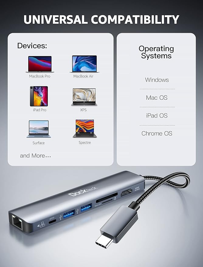 dockteck 7-in-1 USB C Hub with 4K 60Hz HDMI, 1Gbps Ethernet, 100W Power Delivery