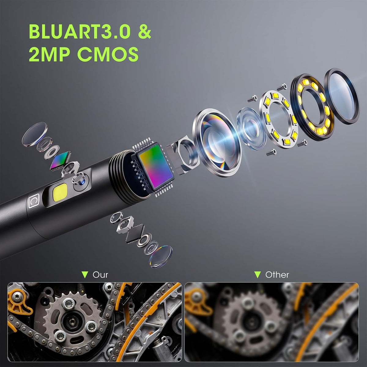 epicmate 50ft triple lens inspection camera,5”ips screen endoscope, close-up detail