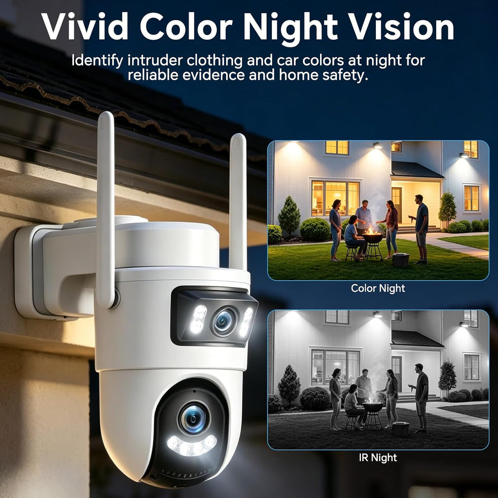 Dual Lens Security Camera Outdoor, 2.4GHz WiFi Cameras for Home Security, 360° View Pan/Tilt with Color Night Vision, 2K Full HD Video, 2-Way Audio, Works with Alexa, Motion Detection, Auto Tracking