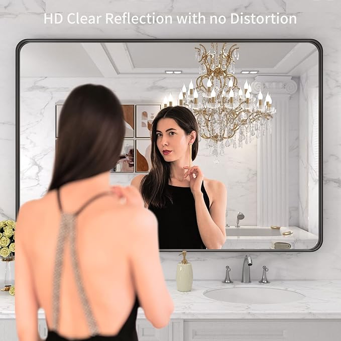LOAAO 48X32 Inch Black Metal Framed Bathroom Mirror