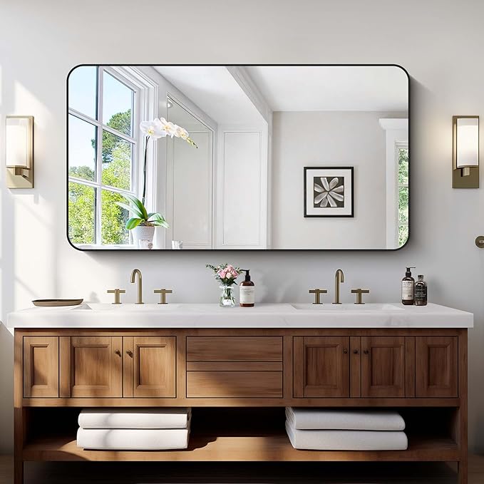 Bathroom Mirror, Metal Frame Rounded Corner Vanity Mirror, Large Wall Mounted