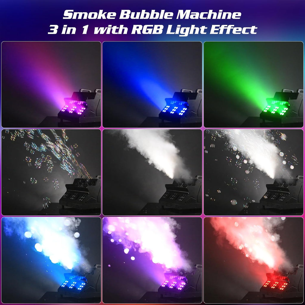 2000W Fog Machine, 3 in 1 Fog Bubble Machine with 2 Bubble Fans, 18 RGB LED Lights Smoke Bubble ALL IN ONE Fog Machine, Bubble Machine for Halloween Christmas Party Wedding, 4 Pack