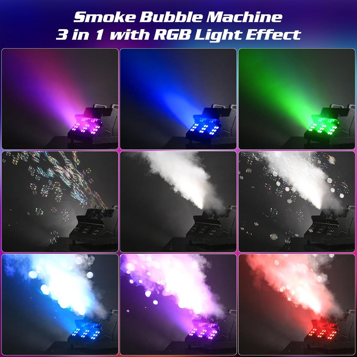2000W Fog Machine, 3 in 1 Fog Bubble Machine with 2 Bubble Fans, 18 RGB LED Lights Smoke Bubble ALL IN ONE Fog Machine, Bubble Machine for Halloween Christmas Party Wedding, 4 Pack