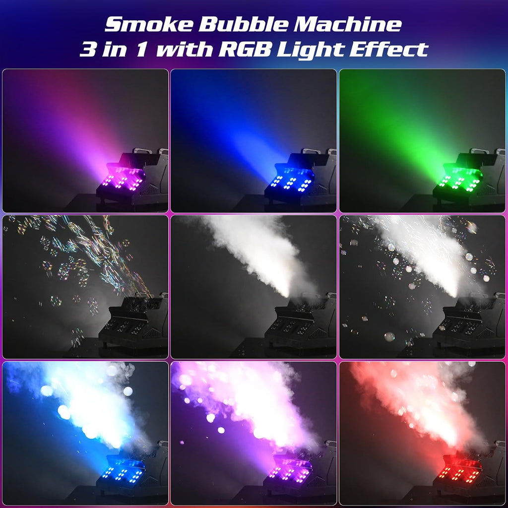 2000W Fog Machine, 3 in 1 Fog Bubble Machine with 2 Bubble Fans, 18 RGB LED Lights Smoke Bubble ALL IN ONE Fog Machine, Bubble Machine for Halloween Christmas Party Wedding Birthday