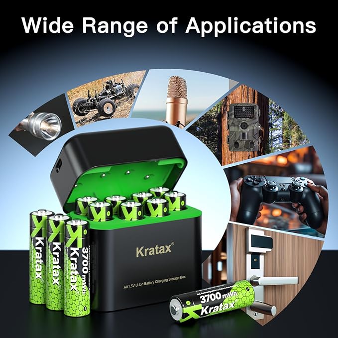 Kratax 12 Count 3700mWh AA Rechargeable Lithium Batteries