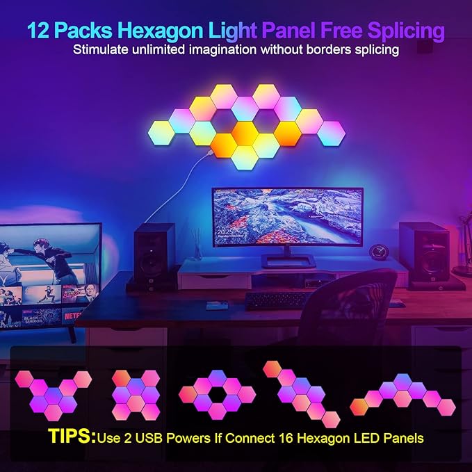 JIMIMORO 12-Pack Hexagon Light Panels – Smart RGB LED Wall Lights