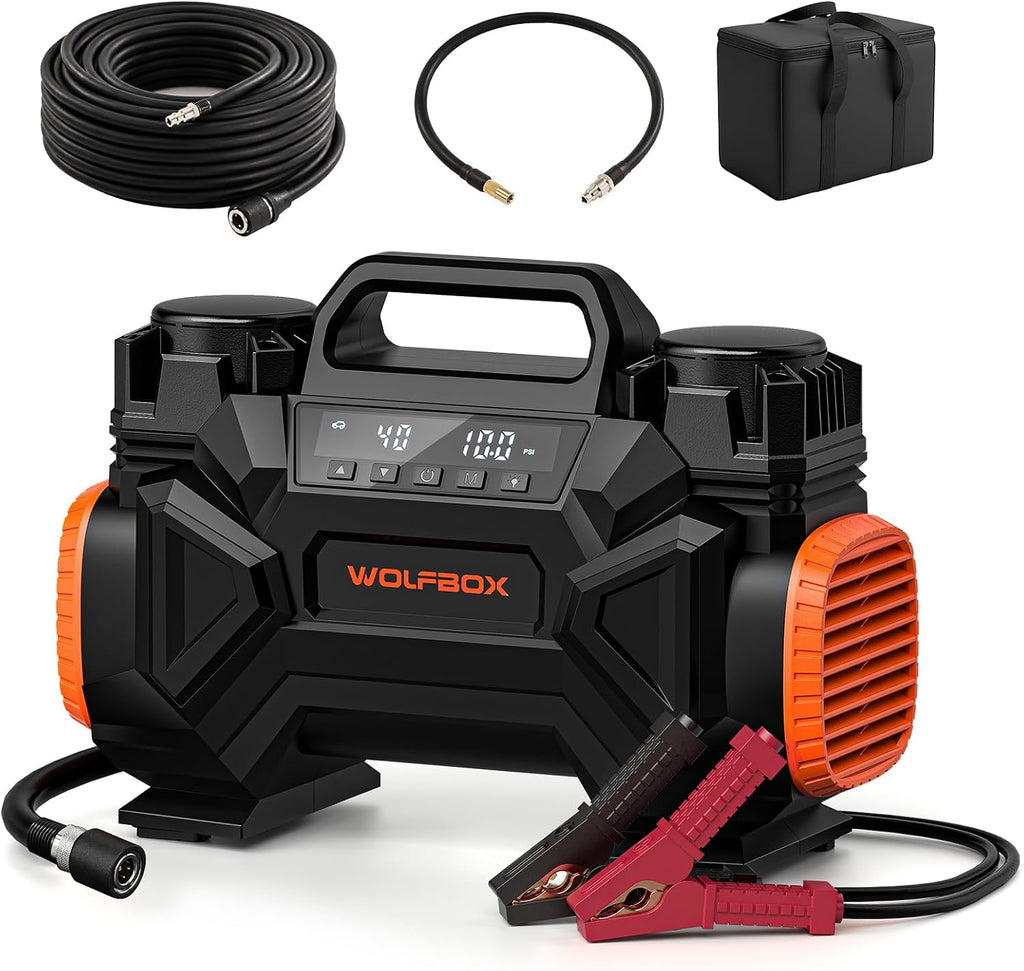 WOLFBOX HyperFlow60D 12V Portable Air Compressor, 60-Minute Runtime Offroad Air Compressor, 150 PSI Heavy Duty Tire Inflator with Auto Stop, Dual Cylinder Air Pump for Off-Road,4x4 Vehicle,Pickups,RVs