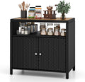 Rattan Storage Cabinet, Outdoor & Indoor Sideboards with Acacia Wood Countertop & Open Compartment, Wicker Patio Buffet Storage Bar Table for Garden Kitchen Poolside Backyard (Black)