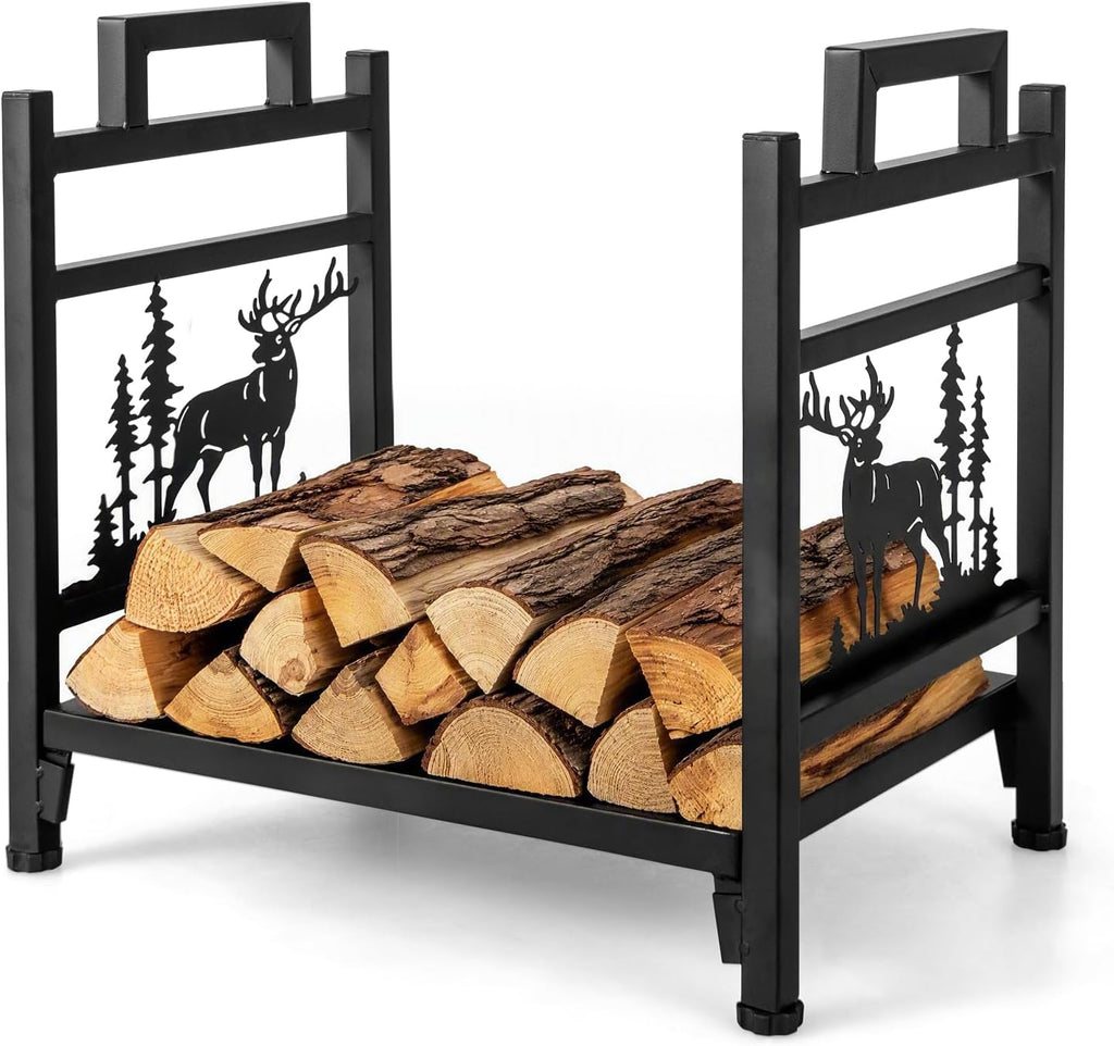 Goplus Firewood Rack Outdoor, 18.5” Metal Firewood Holder w/Mesh Sides & Base, Decorative Deer Patterns, Handle, Indoor Log Storage Rack, Small Wood Rack for Fireplace, Woodstove (18.5" x 13.5" x 18")