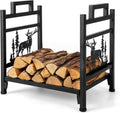 Goplus Firewood Rack Outdoor, 18.5” Metal Firewood Holder w/Mesh Sides & Base, Decorative Deer Patterns, Handle, Indoor Log Storage Rack, Small Wood Rack for Fireplace, Woodstove (18.5" x 13.5" x 18")