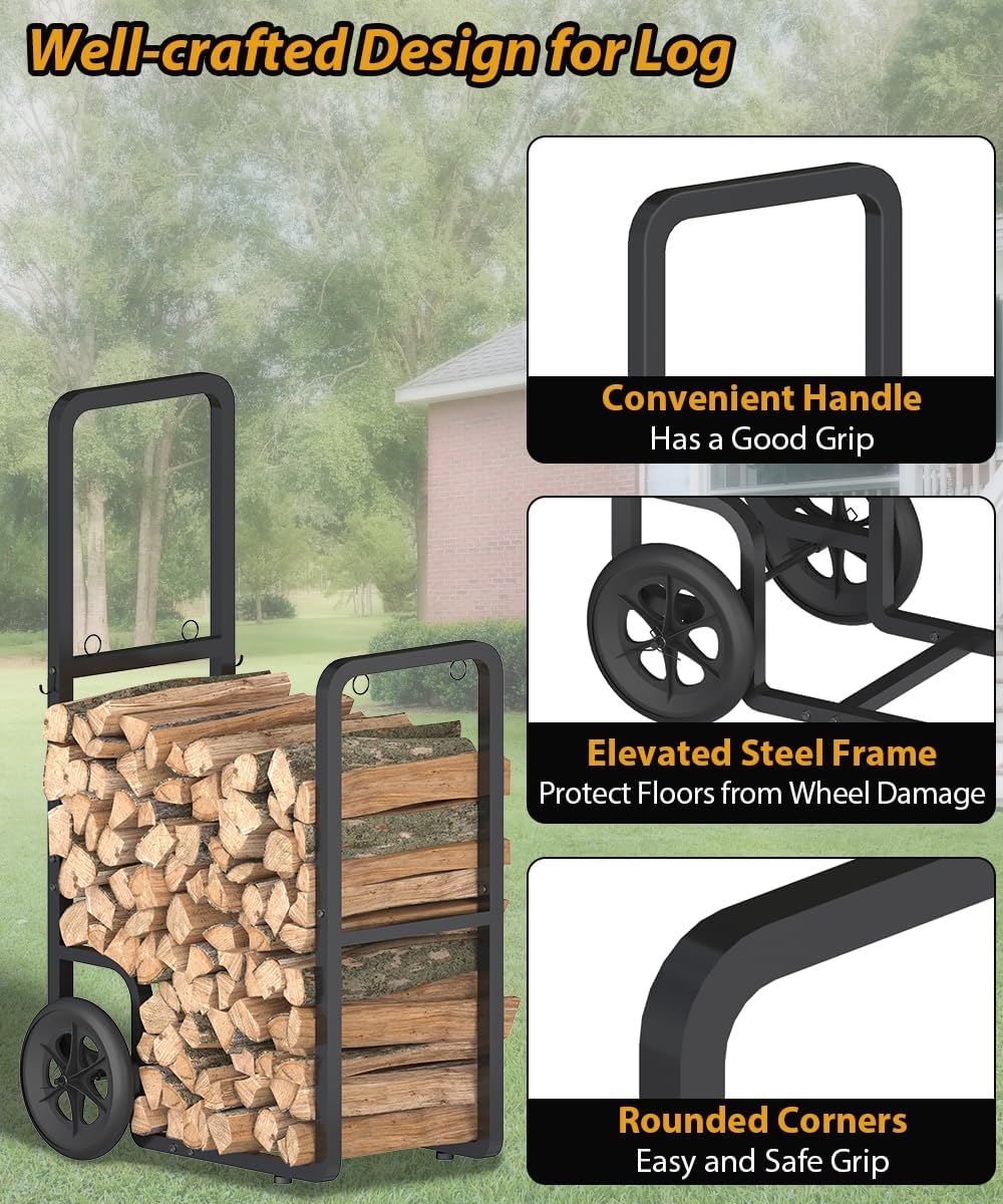 easy-assembly firewood cart, rolling log carrier for outdoor, close-up detail