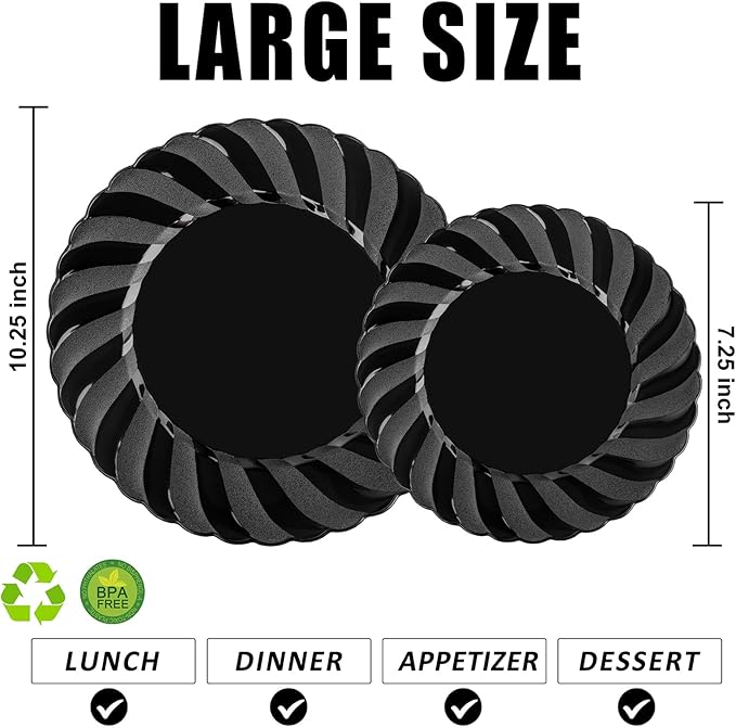 U-QE 60 Pcs Black Plastic Plates for Party – Scalloped Plastic Plates Heavy Duty – Include 30 10.25" Dinner & 30 7.25" Dessert Plate - Perfect for Halloween, Weddings & Birthdays