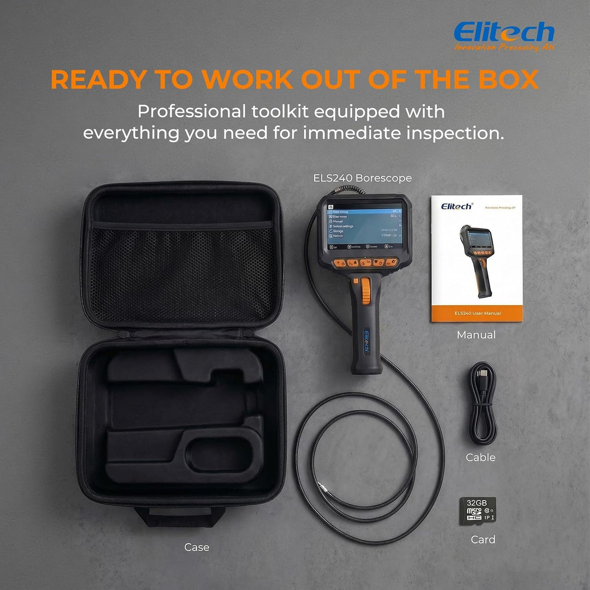 elitech articulating borescope with light, 6mm/0.24in inspection camera, front angle view
