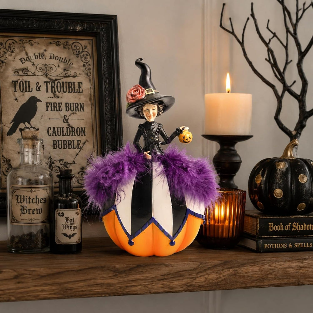 Halloween Witch Figurine, Black and White Pumpkin Table Home Decor