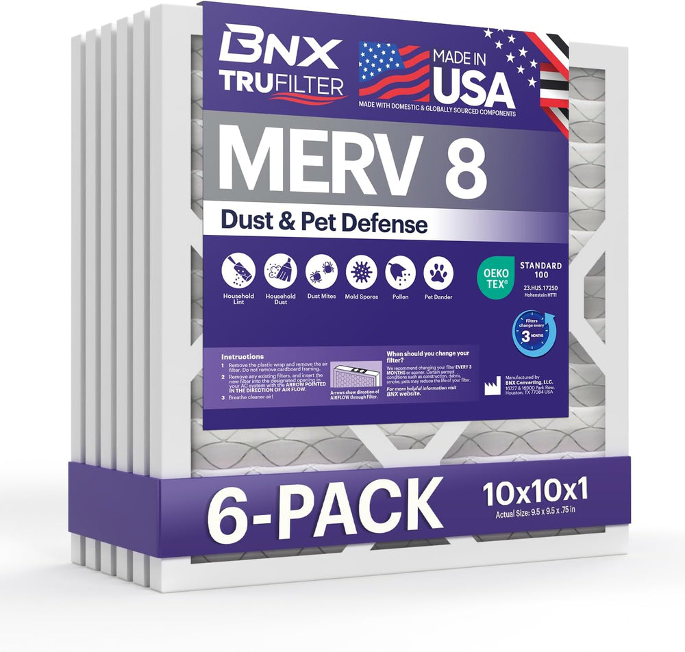BNX TruFilter 10x10x1 Air Filter MERV 8 (6-Pack) - MADE IN USA – Dust & P...