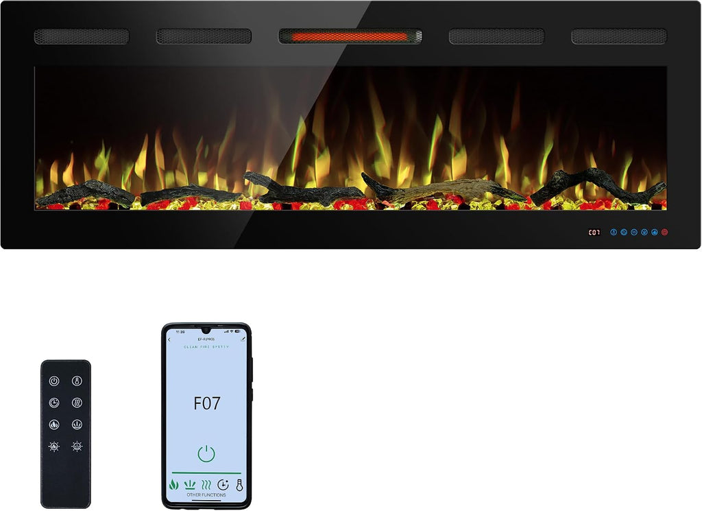 50" WiFi Electric Fireplace Inserts, Recessed and Wall Mounted Fireplace Heater
