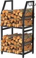 VyGrow Firewood Rack for Indoor, 2-Tier Firewood Holder with 3 Hanging Hooks, Heavy Duty Wood Rack for Outdoor Patio, Black