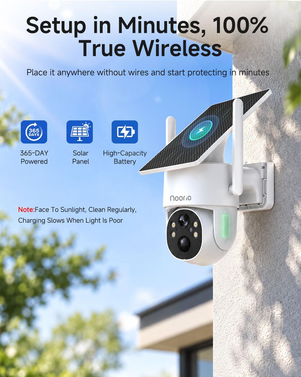 noorio 2k 4mp solar security camera outdoor wireless, close-up detail