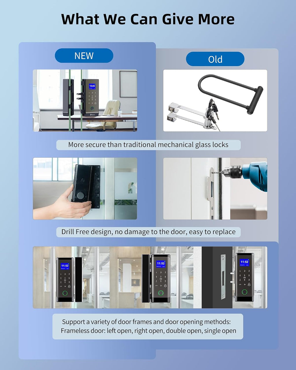 Keyless Entry Glass Door Knobs,Drill-Free Smart Lock Deadbolt,Perfiware 4in1 Biometric Fingerprint Glass Door Locks,Great for Home,Cabinet,Apartment,Hotel,Office,Store, Medium, Black